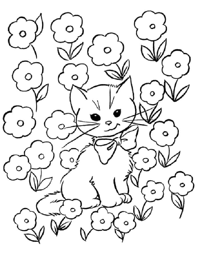 Название: Раскраска Котенок в цветах. Категория: Домашние животные. Теги: Котенок.