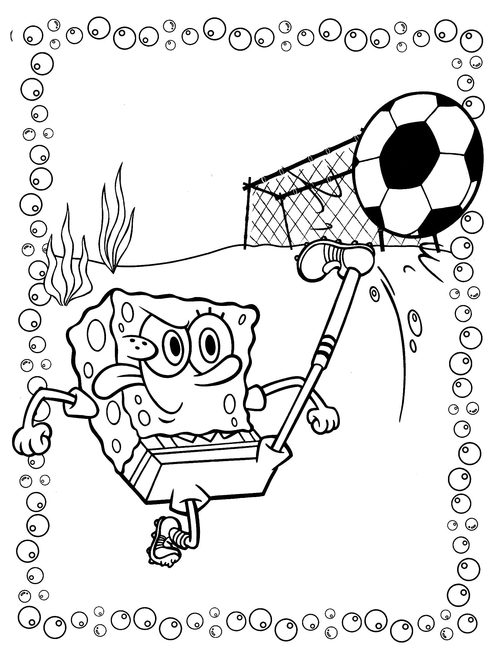 Раскраска Спанч Боб играет в футбол. Спанч боб