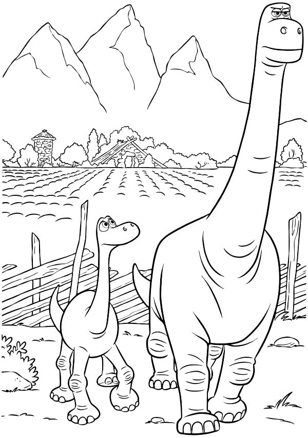 Раскраска  - Хороший динозавр - Арло с отцом идут на охоту. Скачать динозавр.  Распечатать динозавр