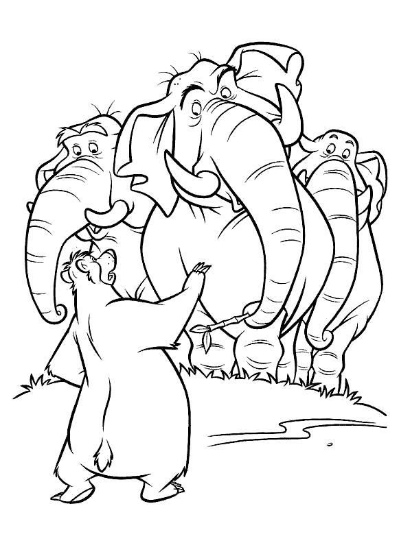 Раскраска Балу и стадо слонов. Скачать книга джунглей.  Распечатать книга джунглей