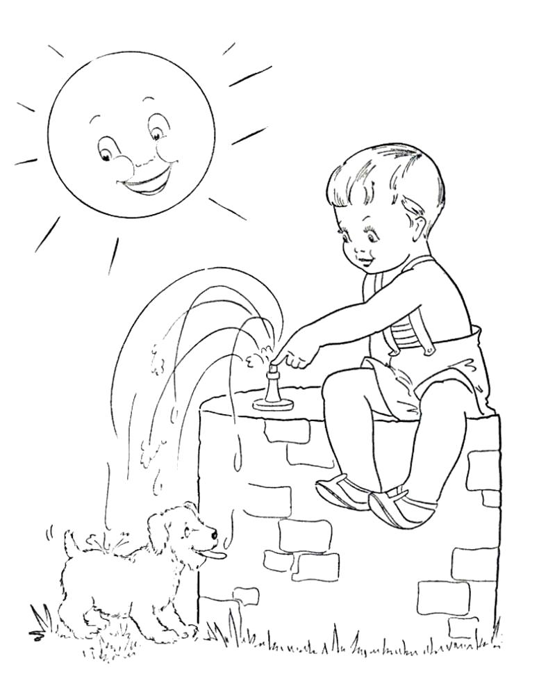 Раскраска мальчик сидит на колонке, мальчик купает собачку, мальчик и собака, мальчик и щенок, мальчик поливает водой щенка, щенок купается. Скачать Лето.  Распечатать Лето