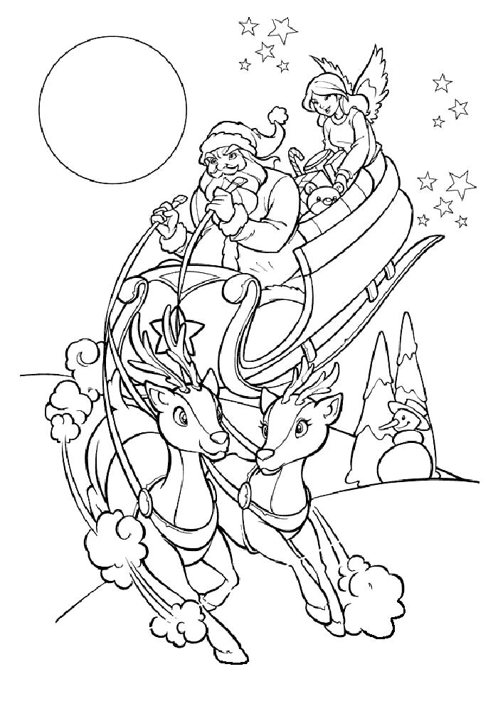 Раскраска Раскраска Санта Клаус на оленях. новогодние