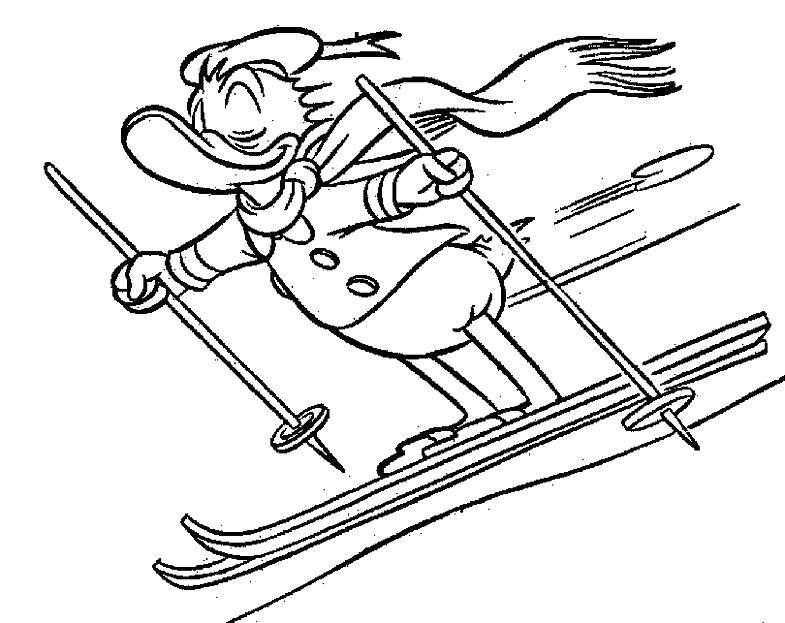 Раскраска Дональд на лыжах. Скачать Герои Диснея.  Распечатать Герои Диснея