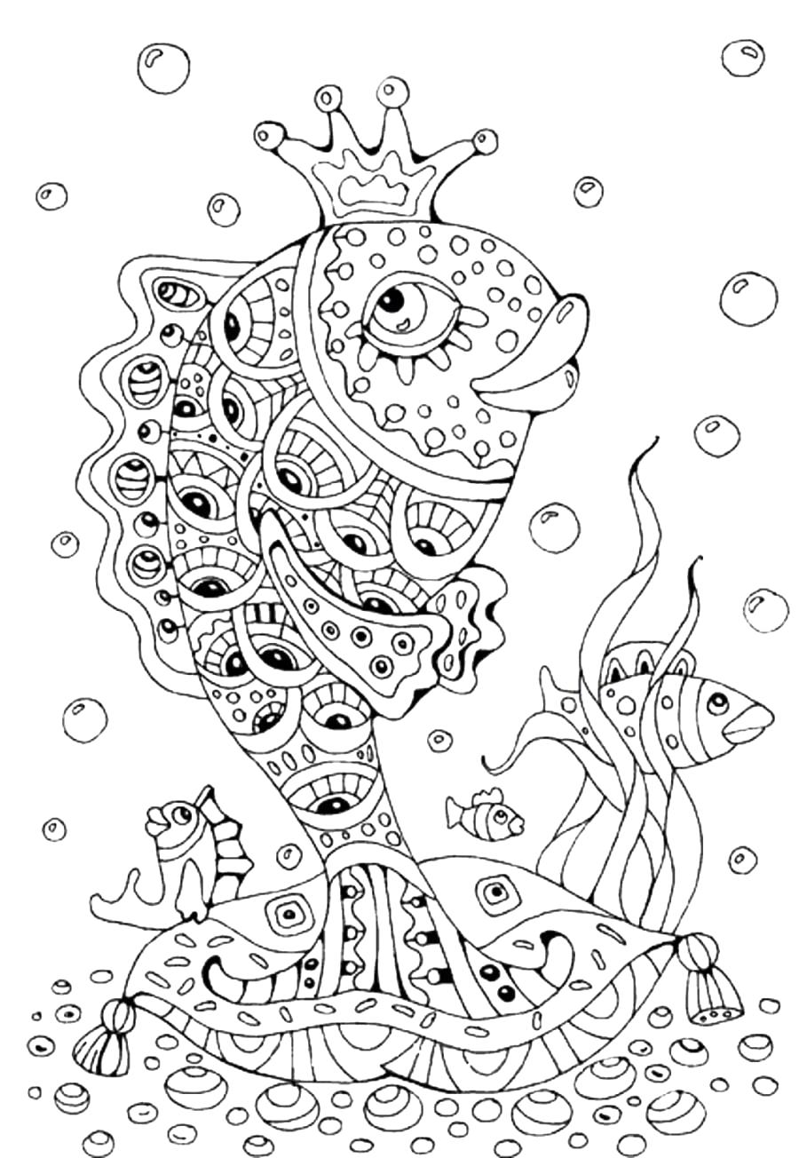 Раскраска Золотая рыбка в короне - раскраска антистресс. Рыбы