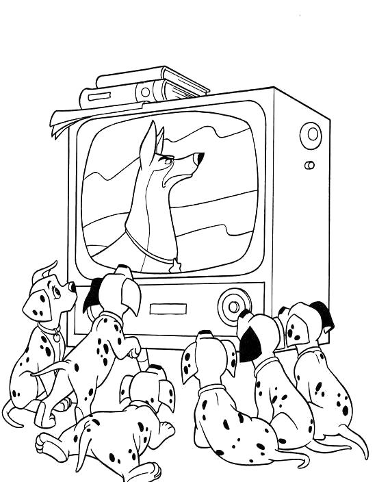 Раскраска 101 далматинец - картинки для разукрашивания, собаки смотрят телевизор. Скачать 101 далматинец.  Распечатать 101 далматинец