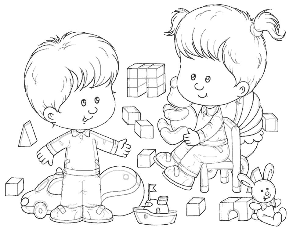 Раскраска мальчик и девочка в детском саде. Скачать .  Распечатать 