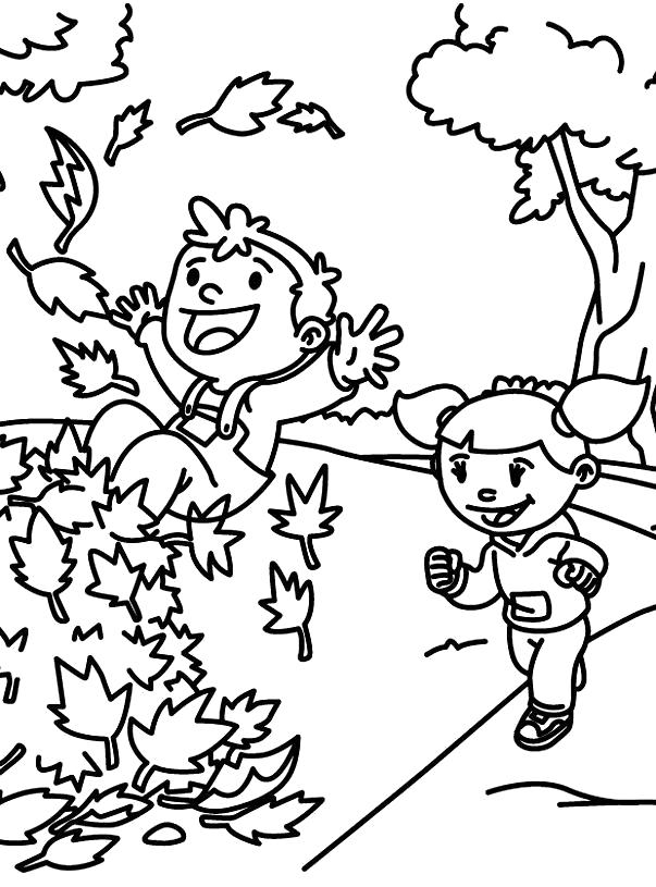 Раскраска Мальчик и девочка играют осенью. Времена года