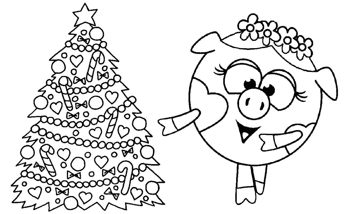 Название: Раскраска раскраска смешарики. Нюша около новогодней елки.. Категория: Смешарики. Теги: Нюша.