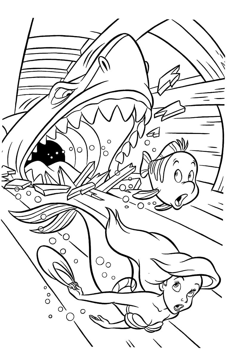 Название: Раскраска Ариэль и Флаундер удирают от акулы. Категория: Ариэль. Теги: Ариэль.