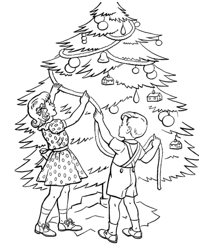 Раскраска Новогодняя елка. . Дети наряжают новогоднюю елку. Скачать Елка.  Распечатать Новый год