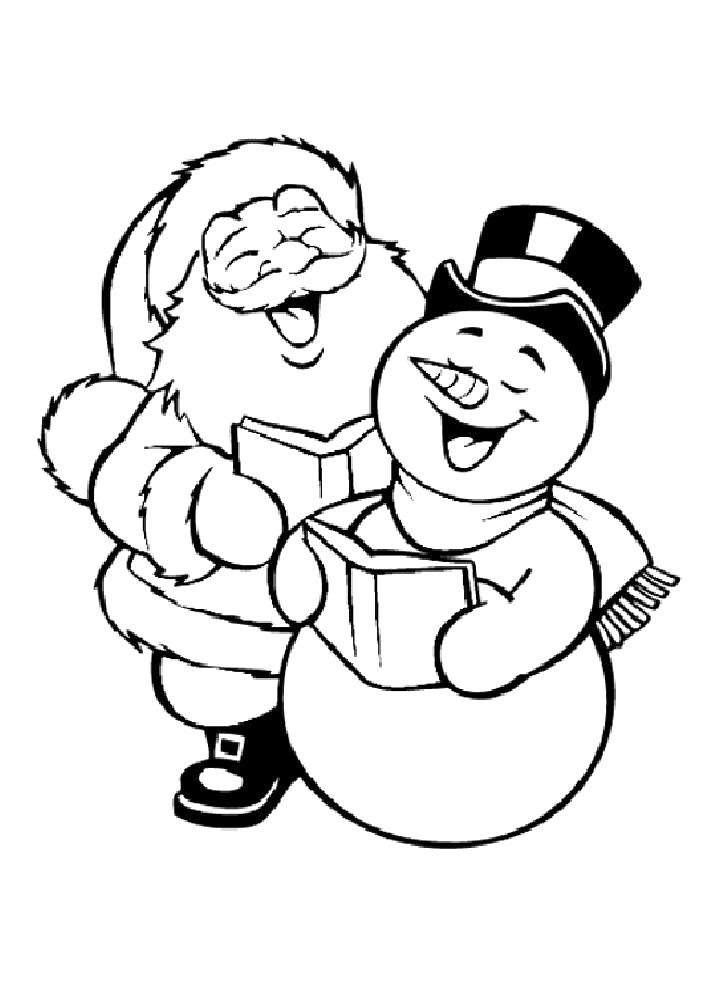 Раскраска Раскраска Санта Клаус со снеговиком. новогодние
