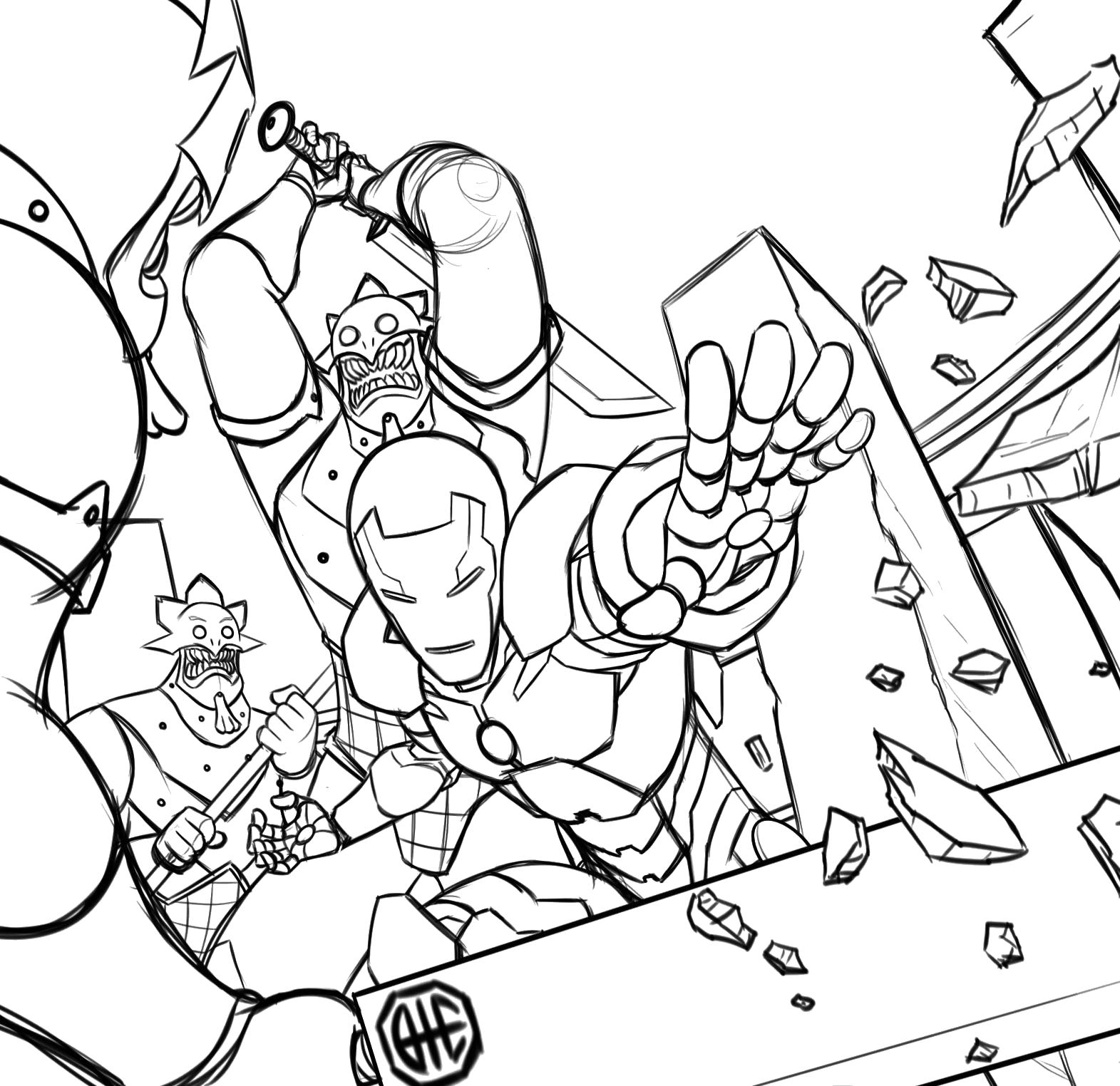 Раскраска Раскраска Железный человек сражается. Комиксы и супергерои
