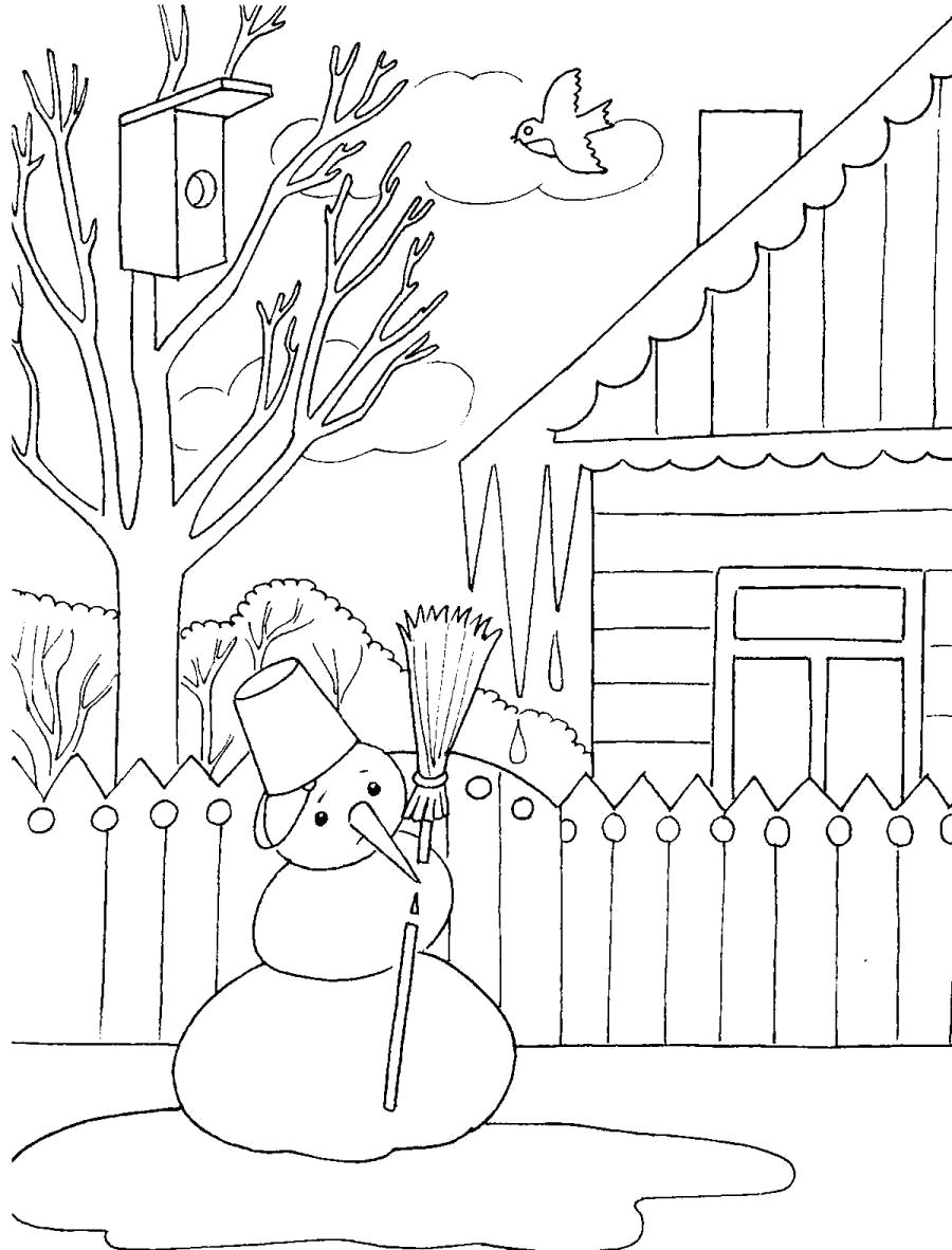 Название: Раскраска Снеговик тает весной - раскраска . Категория: Зима. Теги: снеговик.