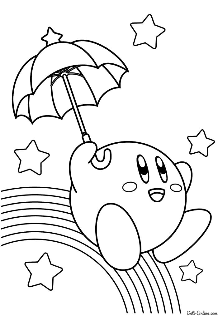 Раскраска  Кирби с зонтом. Скачать зонт.  Распечатать зонт