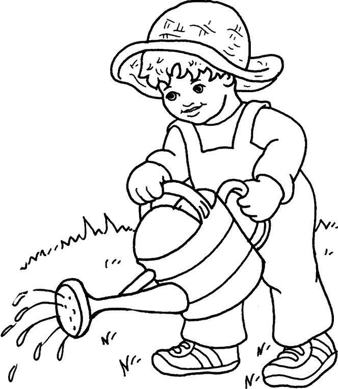 Раскраска мальчик поливает огород, мальчик поливает из лейки. Скачать .  Распечатать 