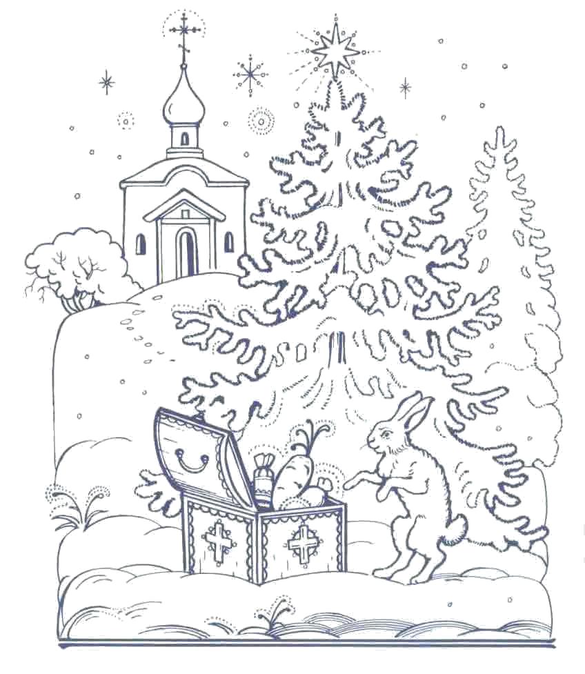 Раскраска рождественская елка, зайчик с игрушками. Скачать Рождество.  Распечатать Рождество