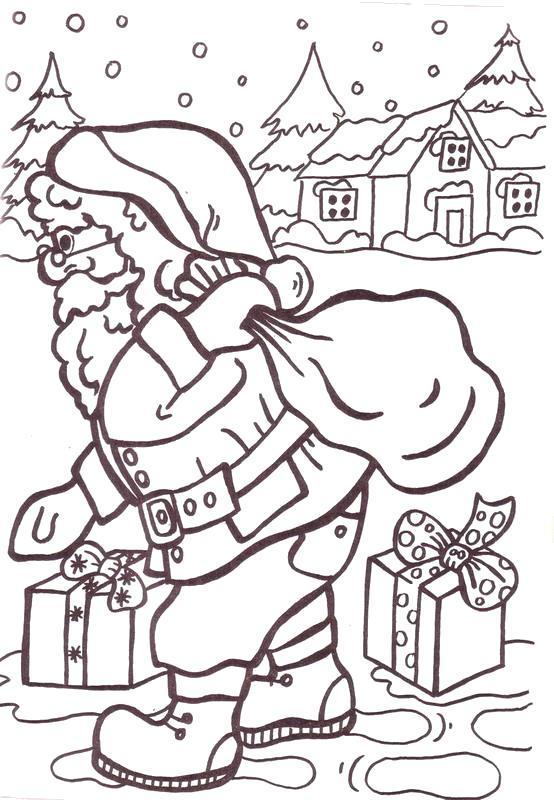 Раскраска Дед Мороз с подарками. 