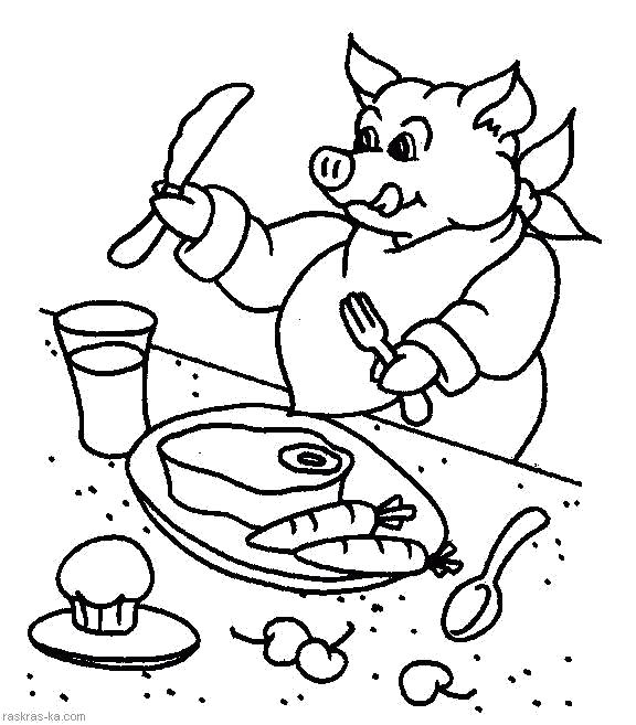 Раскраска Свинья обедает за столом. Домашние животные