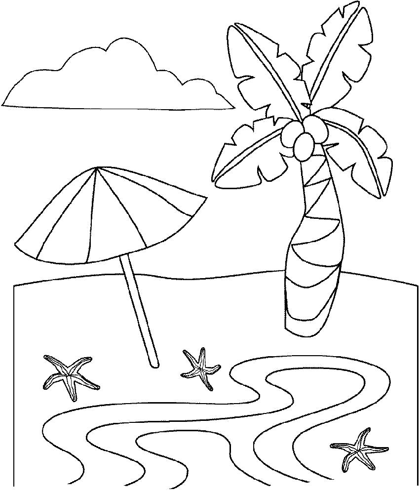 Раскраска пальма, зонт, морская звезда, речка, облако. Лето