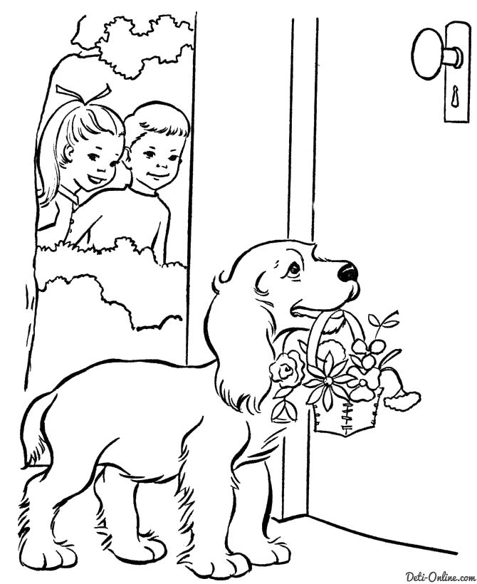 Название: Раскраска Раскраска Собака принесла подарок. Категория: Домашние животные. Теги: Собака.