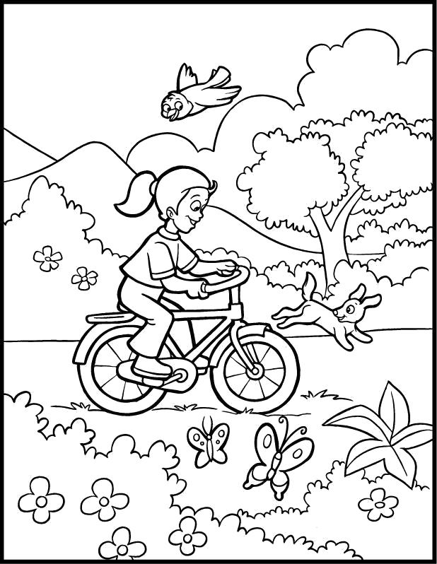 Раскраска  Весенняя прогулка на велосипеде. Скачать Велосипед.  Распечатать Велосипед
