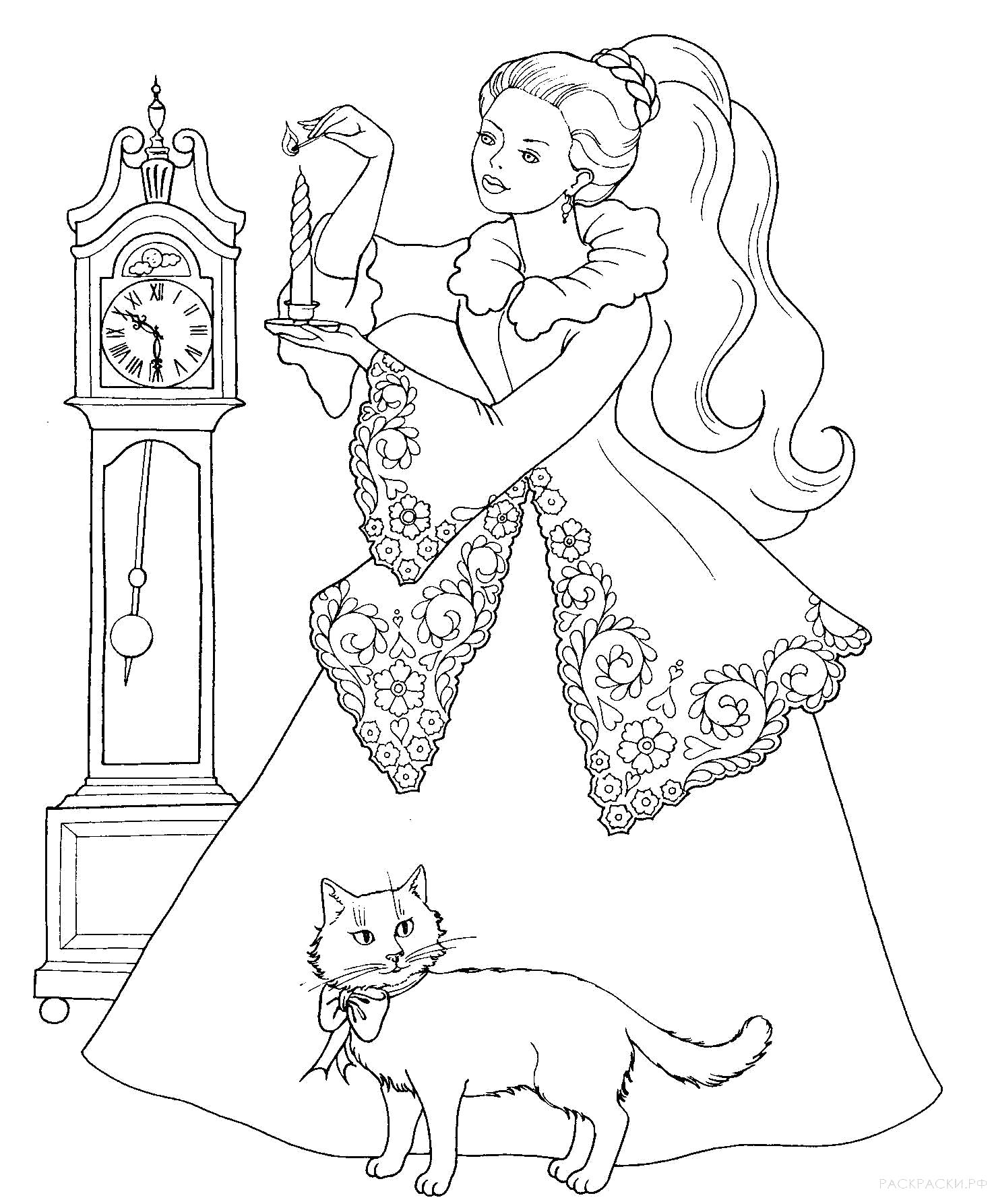 Раскраска  для девочек Девушка с котом и часы. Скачать Часы.  Распечатать Часы