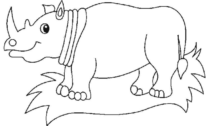 Раскраска носорог стоит на траве. Дикие животные