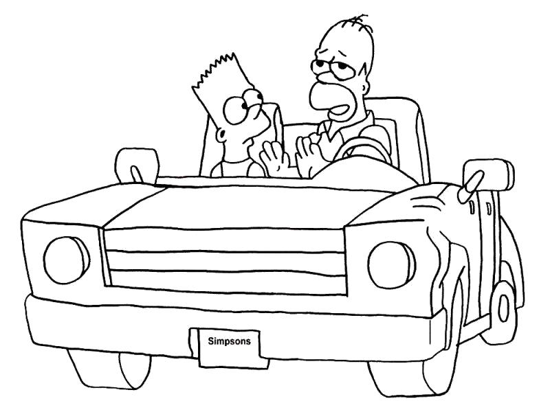 Раскраска Барт и Гомер едут на машине. Скачать Симпсоны.  Распечатать Симпсоны