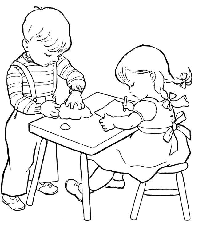 Название: Раскраска девочка сидит за школьной партой, мальчик собирает листочек. Категория: . Теги: .