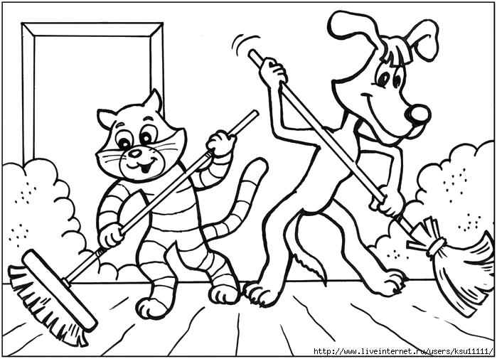 Раскраска Уборка в простоквашино. Пес и кот Матроскин.. Советские мультфильмы