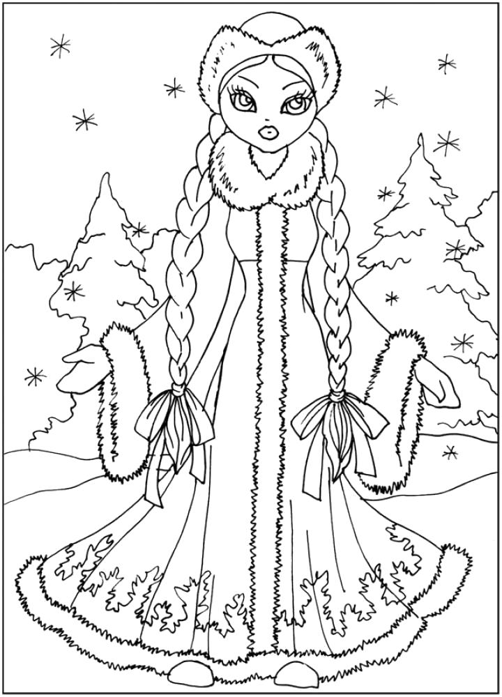 Раскраска Снегурочка красавица в лесу. Скачать Снегурочка.  Распечатать Новый год