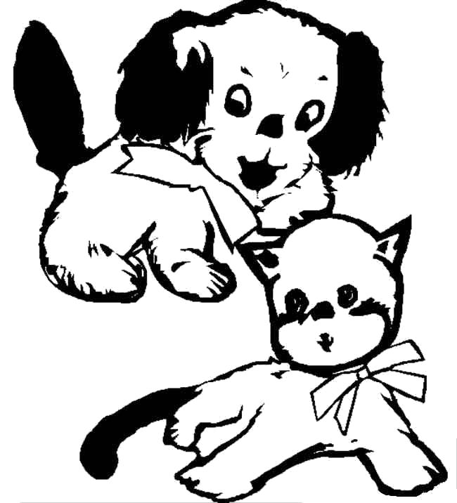 Раскраска Котёнок и щенок. Скачать кот, Собака.  Распечатать Домашние животные