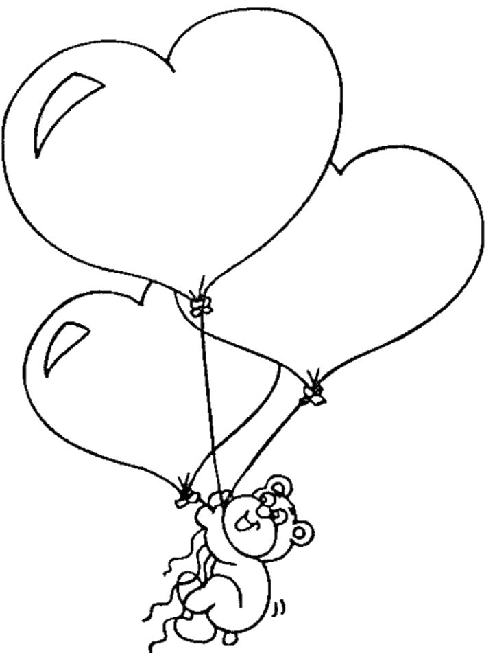 Раскраска  сердечки Мишка, сердечки, воздушные шарики. Скачать сердечки.  Распечатать сердечки