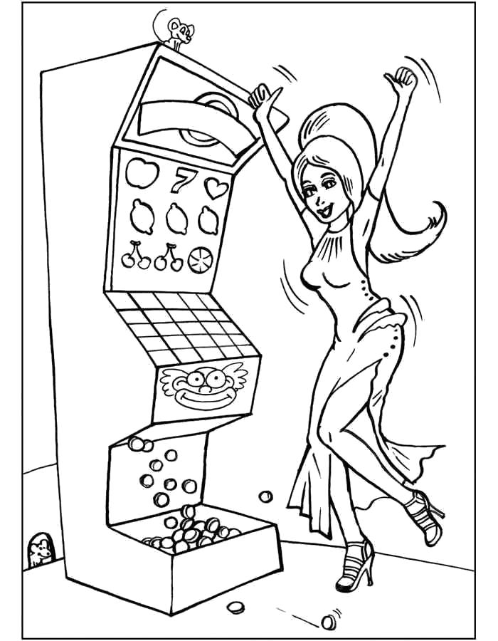 Раскраска  Барби играет в игровые автоматы. Скачать барби.  Распечатать барби