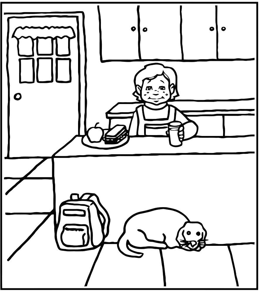 Раскраска Мальчик и собачка на кухне. 