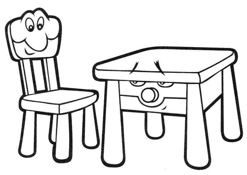 Раскраска  стол со стулом, стол с мордочкой, стул с мордочкой. Скачать Стол.  Распечатать Стол