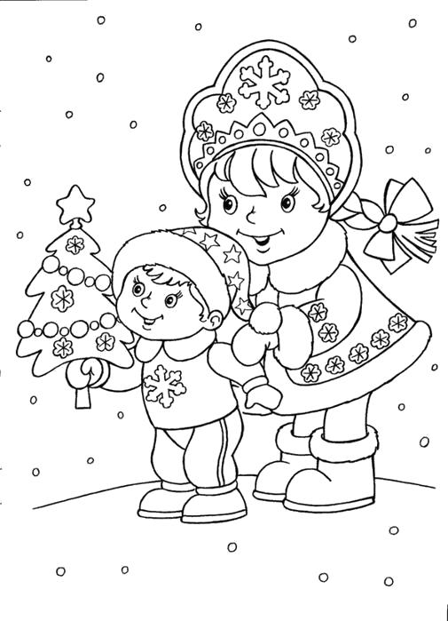 Раскраска  снегурочка и девочка радуются снегу. Скачать снег.  Распечатать снег