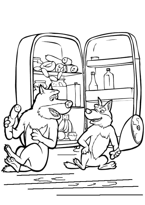 Раскраска холодильник, мульк маша и медведь, волки едят с холодильника. Скачать .  Распечатать 