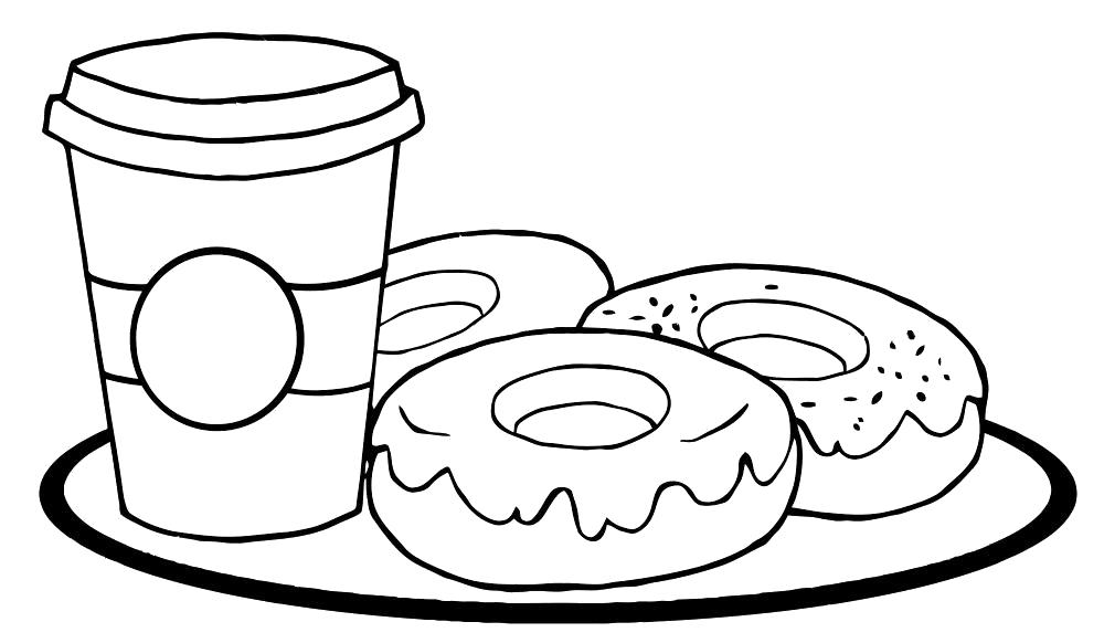 Раскраска Раскраска кофе (чашка), пончики. продукты