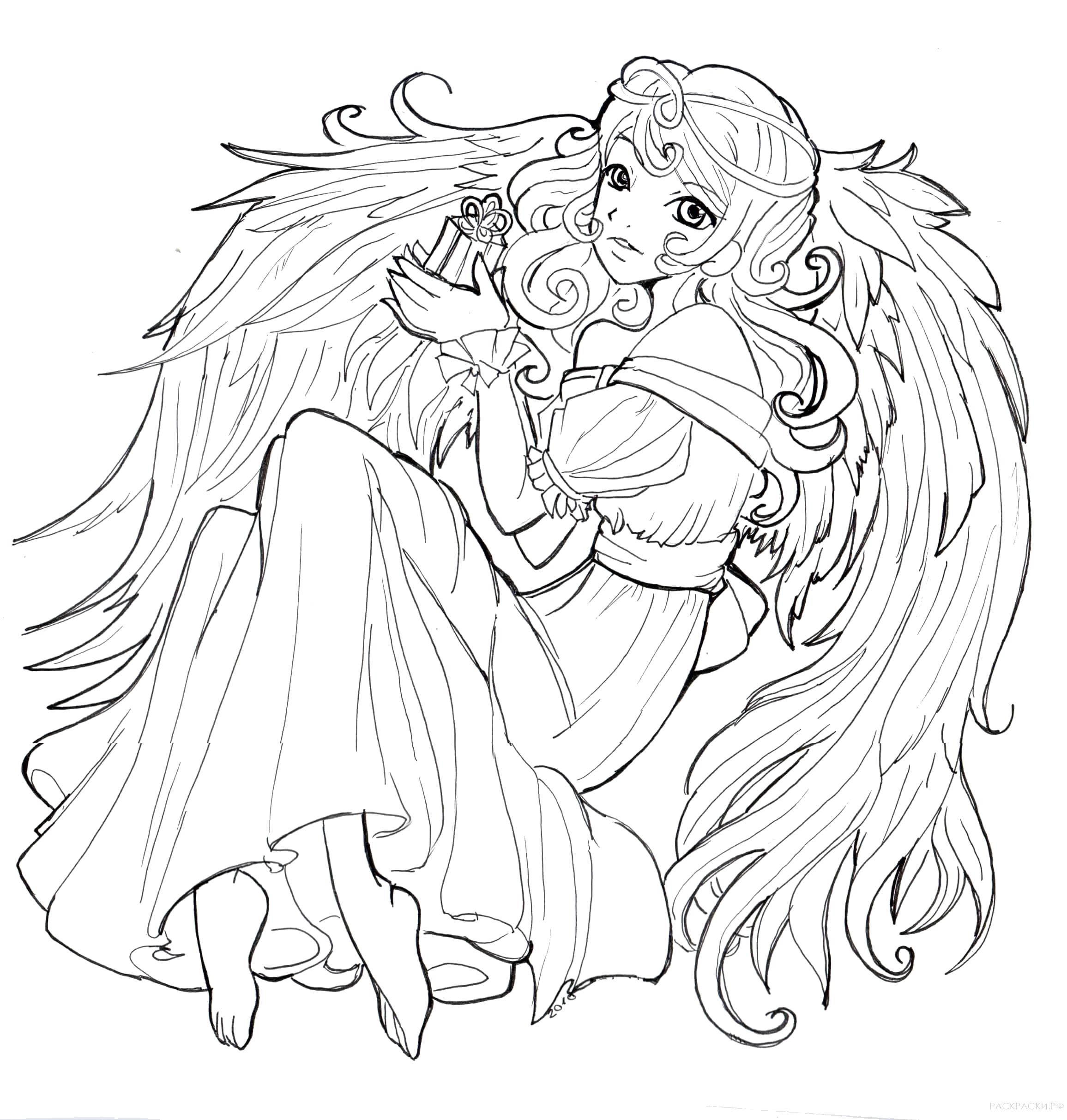 Раскраска  Аниме Ангел с крыльями. Скачать ангел.  Распечатать ангел