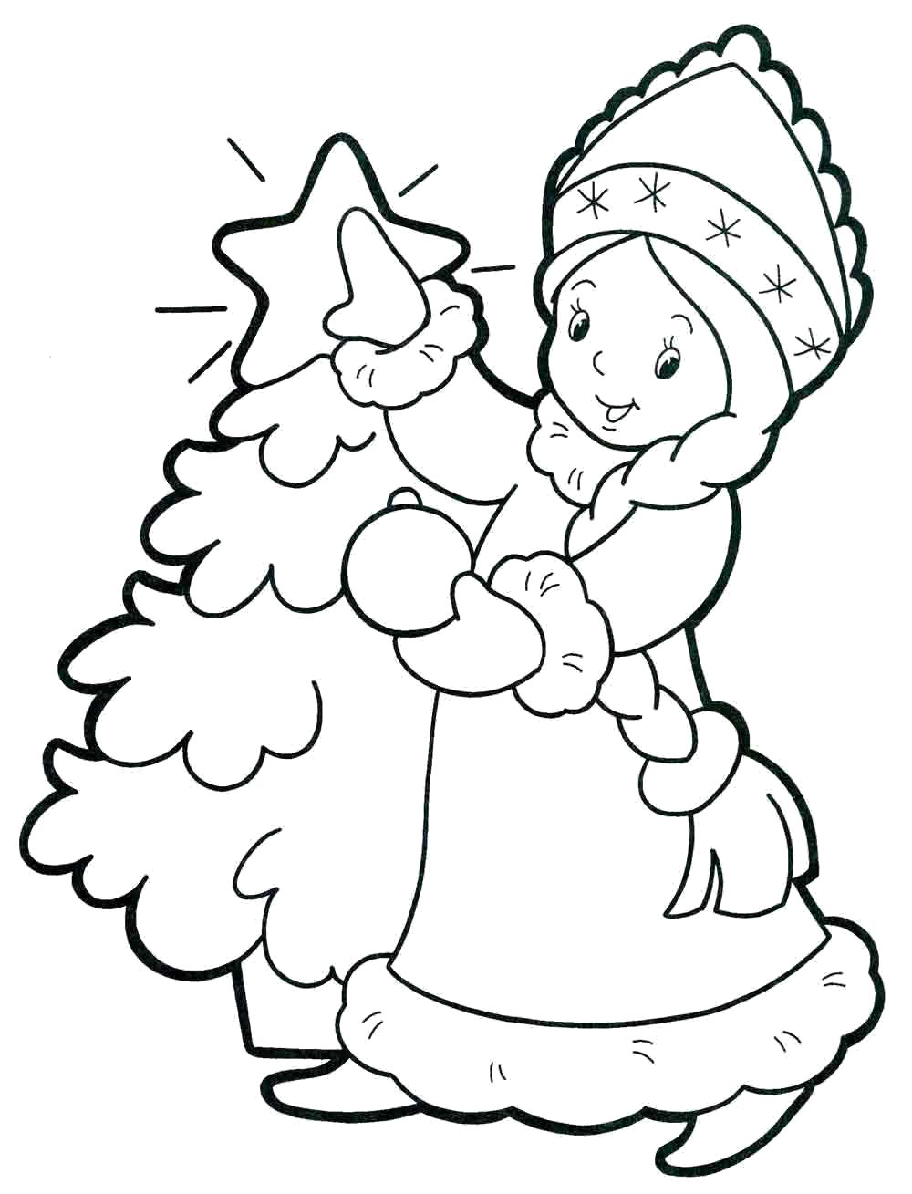 Название: Раскраска снегурочка украшает елку. Категория: новогодние. Теги: новогодние.