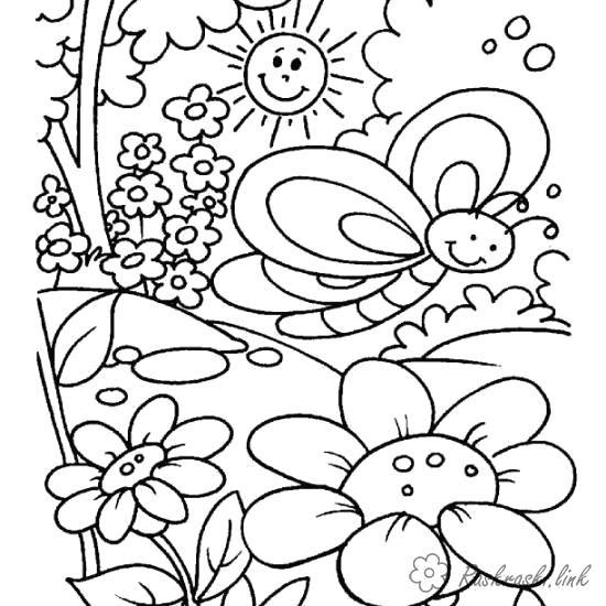 Раскраска Раскраски лето раскраска лето бабочка солнце деревья цветочки. Времена года
