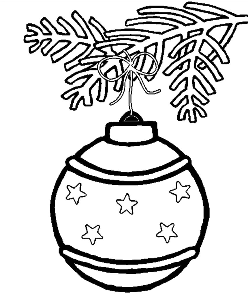 Название: Раскраска Новогодние раскраски "Елочные игрушки". Игрушка шарик висит на елочной ветке.. Категория: Новый год. Теги: Елочные игрушки.
