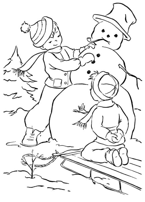 Название: Раскраска Лепка снеговика. Категория: Зимние. Теги: Зимние.