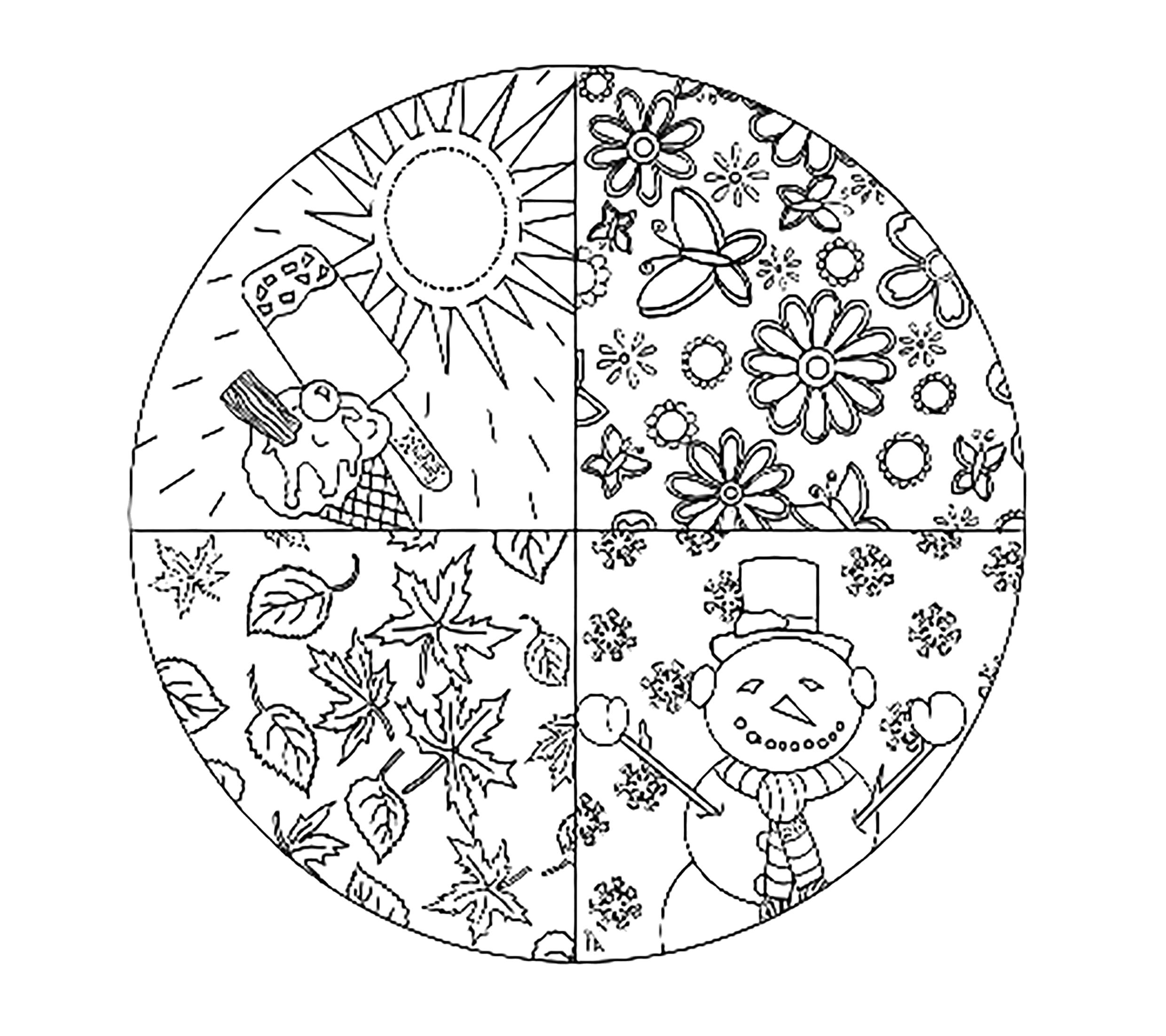 Раскраска Раскраска круг с временами года. геометрические фигуры